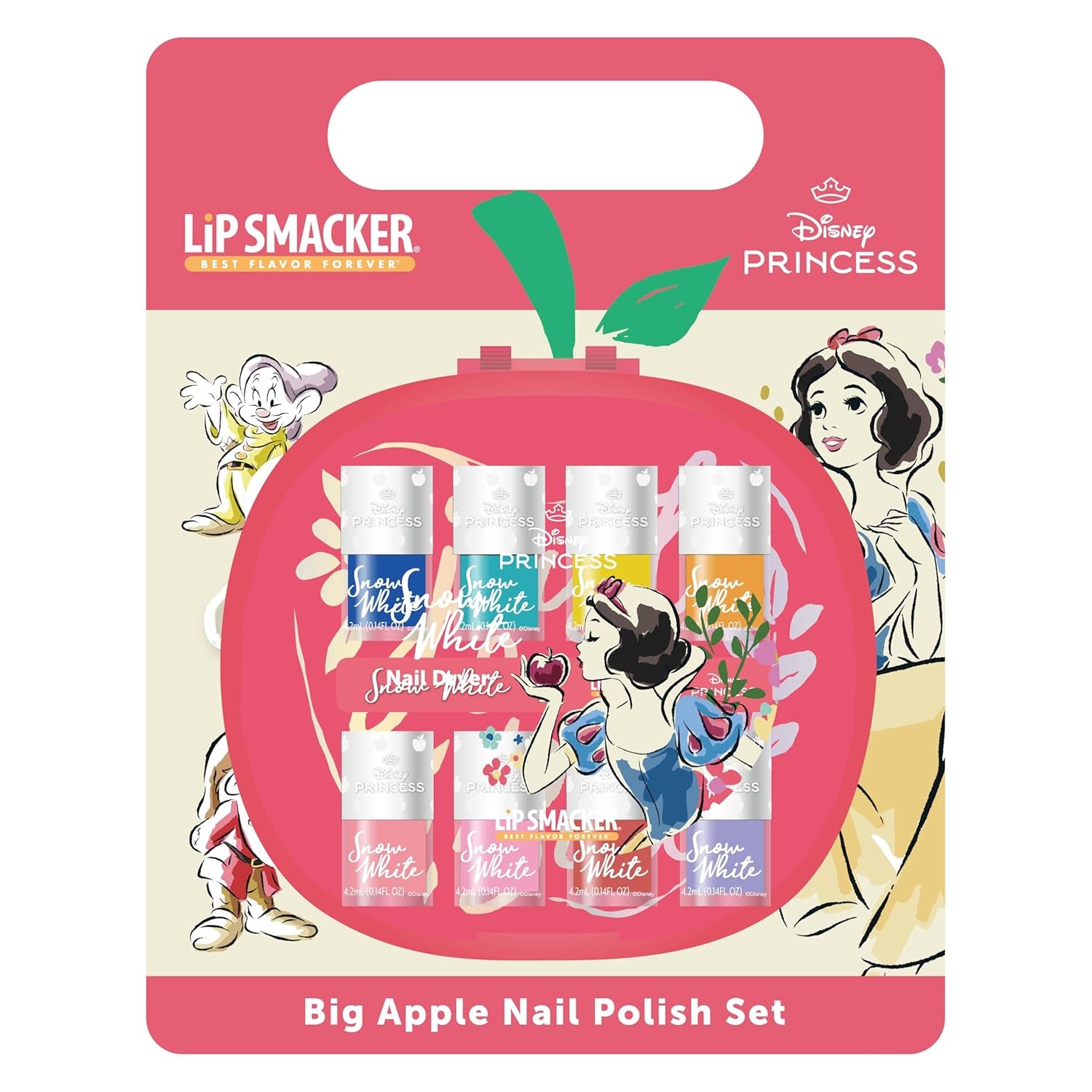 Big Apple Snow White Lip Smacker Juego de esmaltes de uñas para niños, 9 piezas, con secador de uñas eléctrico, esmalte de uñas Disney Princess, regalos para niños