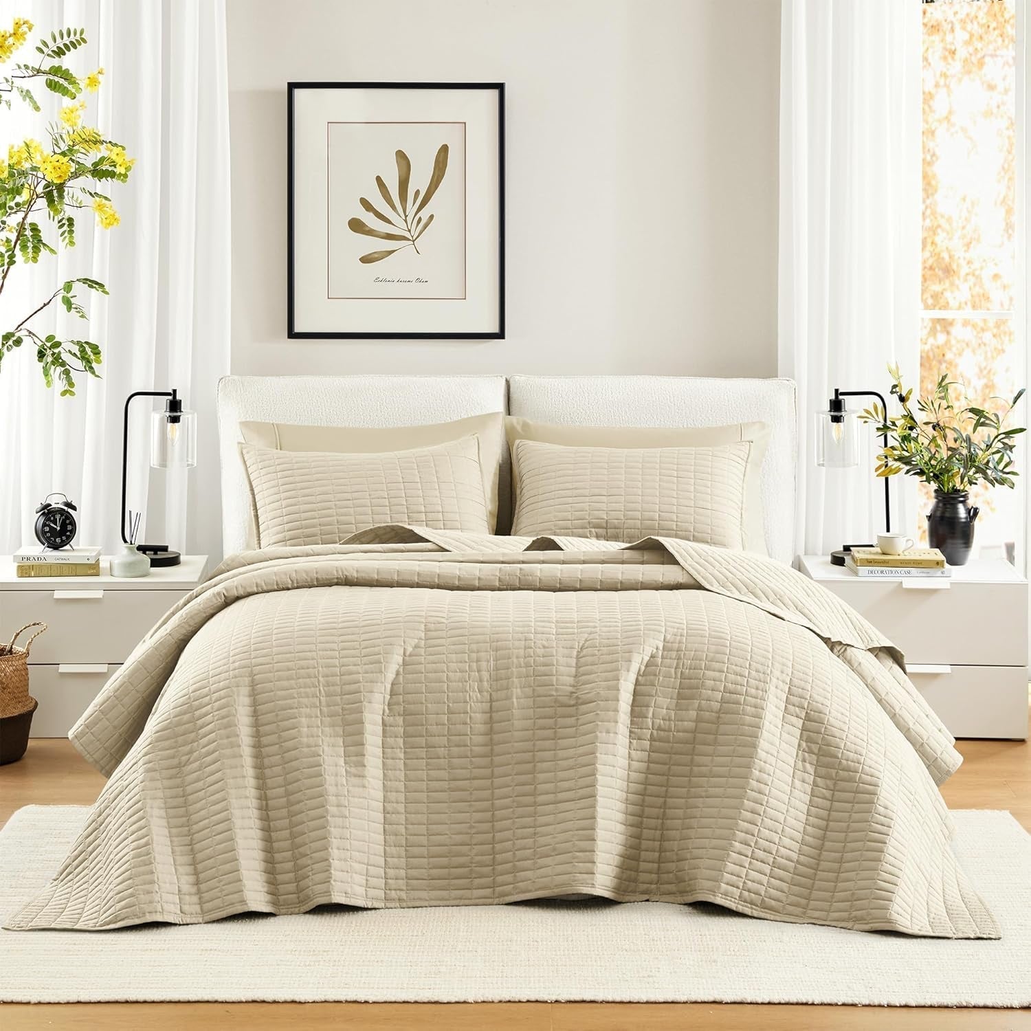 Comfort Spaces Kienna Quilt Set, cusături duble de lux, pătură de vară, ușoară, moale, lenjerie de pat pe tot parcursul anului, față de pernă asortată, albă, pătură pentru paturi King Size (264.2 X 228.6 Cm), Plapumi si pilote Naty Shop Culoare fildeș Dimensiune rege