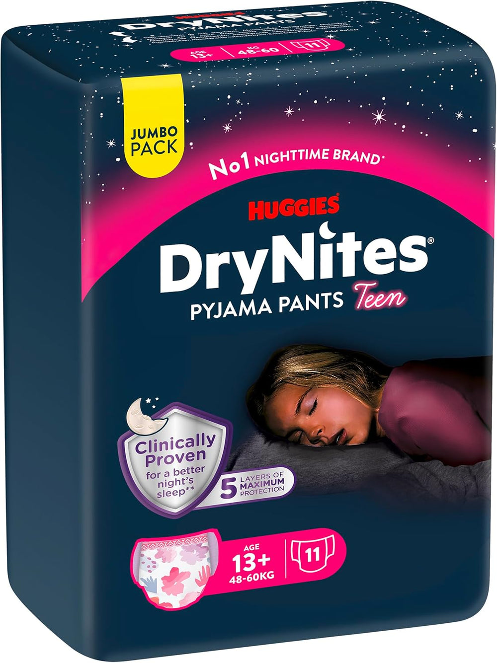 Huggies DryNites Pañales nocturnos para mojar la cama para niñas de 13 a aproximadamente 17 años (48-60 kg) 33 unidades (3 x 11) Paquete mensual gigante Calzoncillos de pañales XL