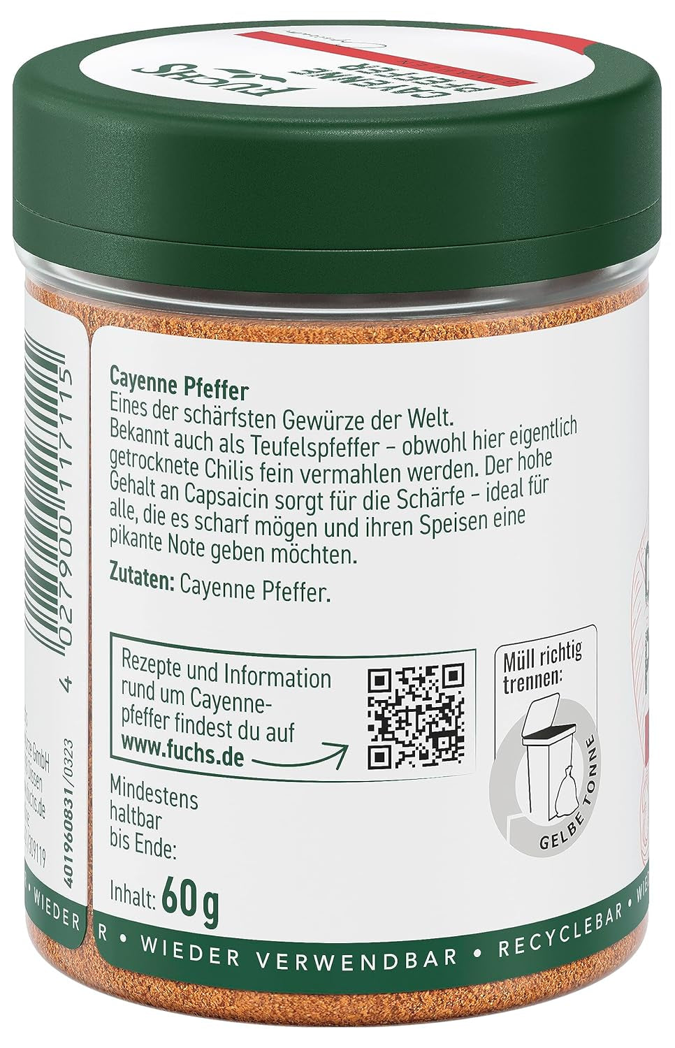 Fuchs Gewürze - Gemahlen de pimienta de cayena - para einen scharfen Geschmack en todo tipo de platos - ingredientes naturales - 60 g en wiederverwendbarer, recyclebarer Dosis
