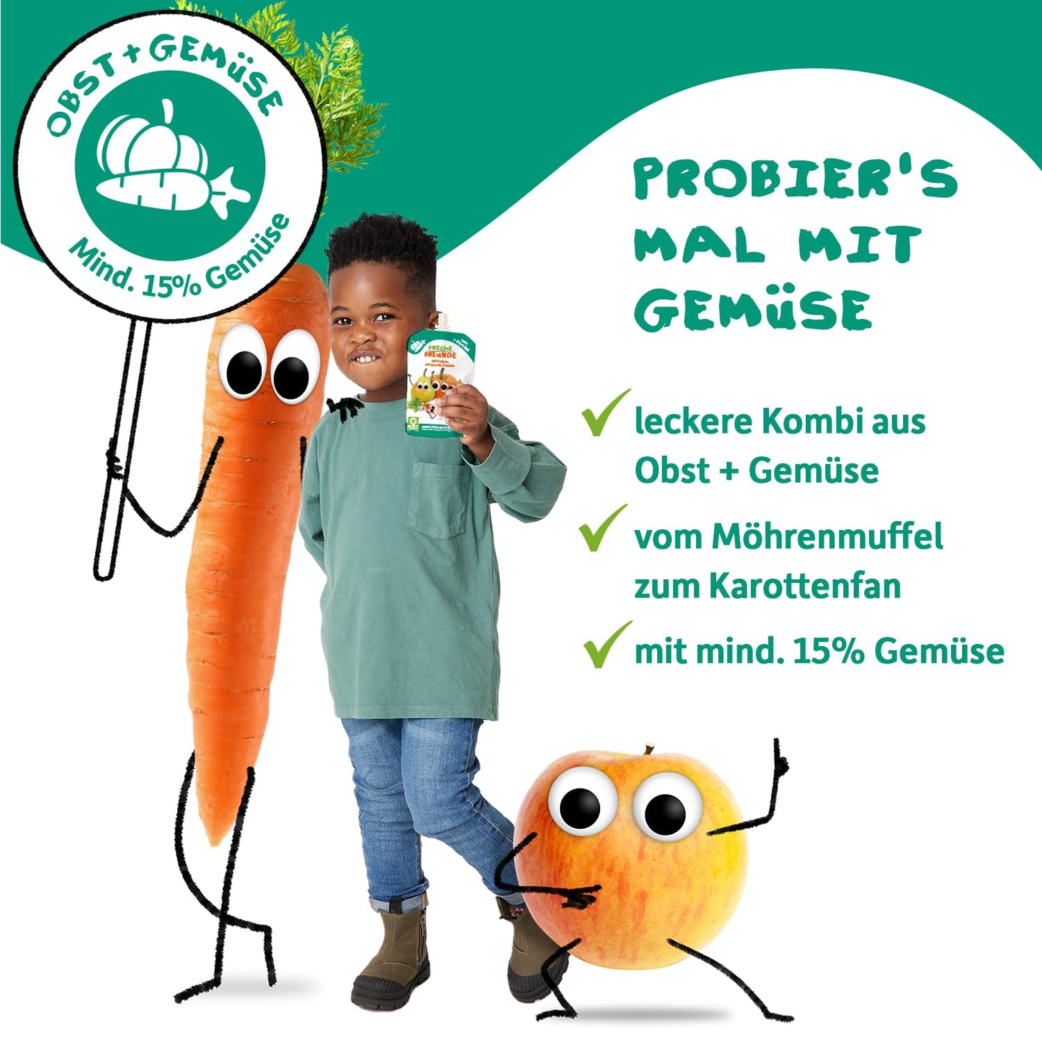 FRECHE FREUNDE Bolsita de fruta ecológica exprimible con manzanas, plátanos, espinacas y pepino, puré de frutas y verduras en bolsita exprimible para bebés a partir de 6 meses, vegano, paquete de 6 (6 x 100 g)