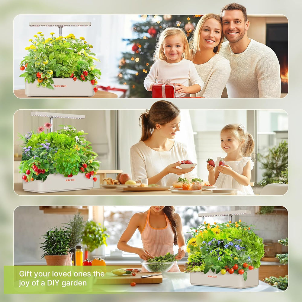 Kit de sistema de cultivo hidropónico de 12 cápsulas, lámpara LED de jardín interior de 24 W, tanque de agua de 4 L con bomba silenciosa, macetero de hierbas de altura ajustable, kit de jardinería interior, regalos de jardinería, color beige