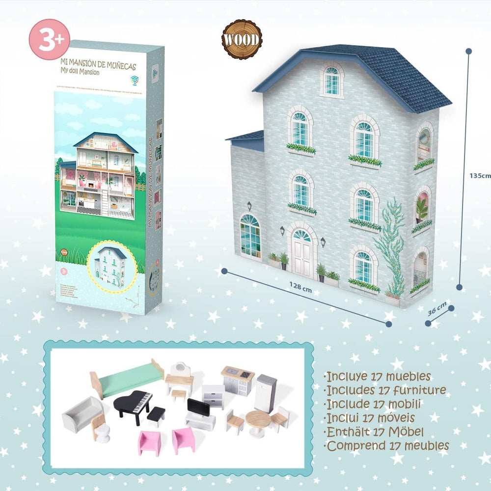 Deqube Casa de Muñecas de Madera, 4 Pisos, Casa de Muñecas con Decoración Diferente y Cuidada en Cada Habitación, con 17 Accesorios - Tamaño 135 X 36 X 128 Cm (913D00016) Naty Shop Casas de Muñecas