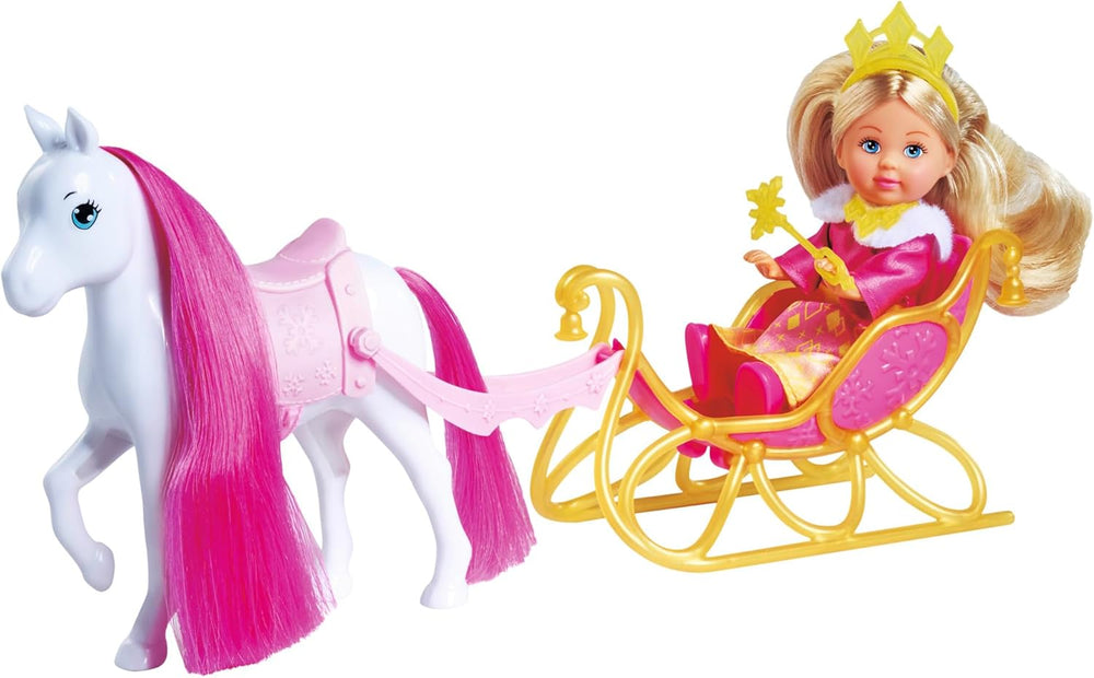 Simba Evi Love Princess Ride, Păpușă Prințesă cu Sanie și Cal de Iarnă, Accesorii Prințesă, 12 cm, Vârste 3+