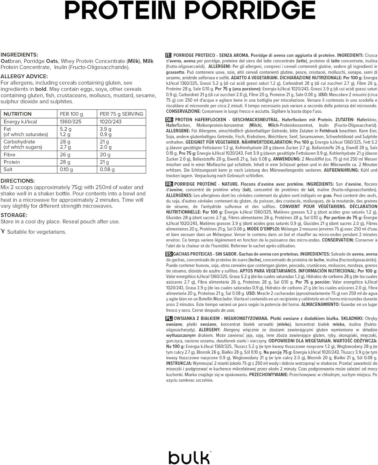 Avena proteica completa, a granel, avena rica en proteínas, suero, rica en fibra, gachas proteicas, sin sabor, 1 kg