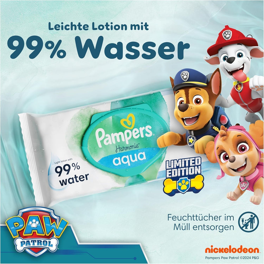 Pampers Harmony Aqua Baby Wipes Paw Patrol 15 Paquete de 48 toallitas 720 toallitas para bebé ayudan a restaurar el equilibrio natural del pH de la piel Loción ligera 99% agua