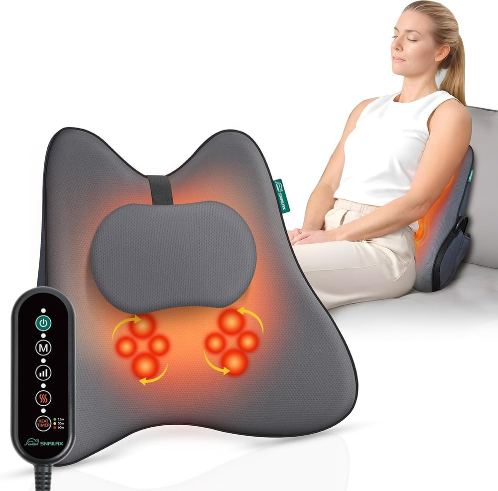 Pernă ergonomică Snailax pentru suport lombar cu masaj și căldură, pernă pentru spate Shiatsu din spumă cu memorie, pernă pentru șezut cu 3 intensități de masaj | 2 niveluri de căldură | 3 temporizatoare | postură confortabilă în șezut