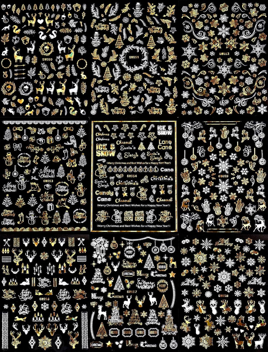 9 Blatt Nagelsticker Weihnachten Nagelaufkleber Selbstklebend Weiß Rentier Schneemann Nail Art Sticker Dekoration Nageldesign Zubehör