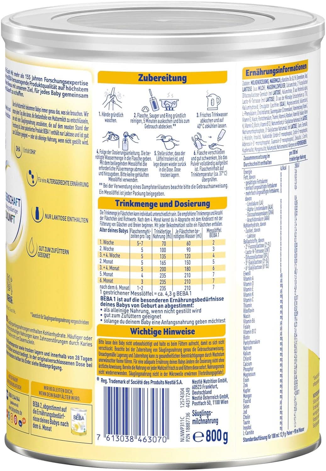 BEBÉ 1 leche inicial desde el nacimiento, solo lactosa, sin aceite de palma, paquete 3 (3 x 800 g) Tienda Madre e Hijo Naty