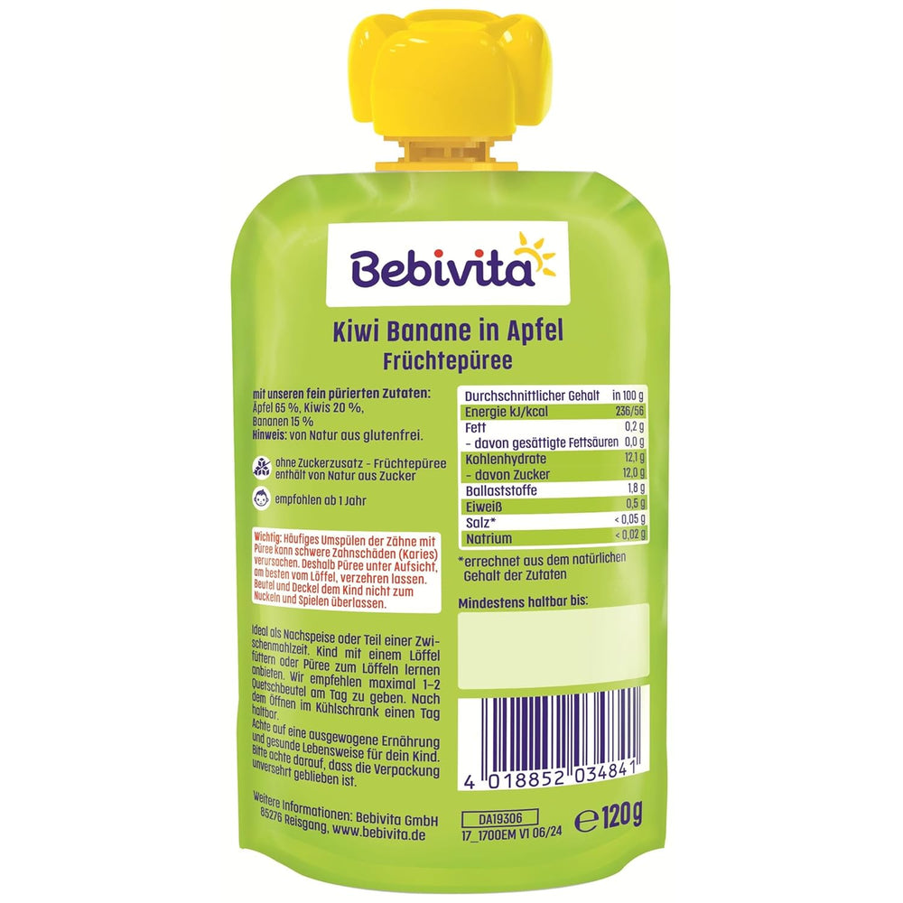 Kiwi Plátanos en Quetschie de Manzana (6 x 120 g), sin Zuckerzusatz, sin gluten, ideal para refrigerios fuera de casa y autónomos