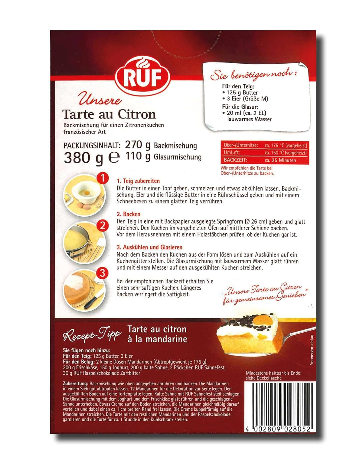 RUF Tarte Au Citron, Backmischung Für Einen Schnellen Zitronen-Kuchen Französische Art, Mit Fruchtiger Zitronen-Glasur Naty Shop