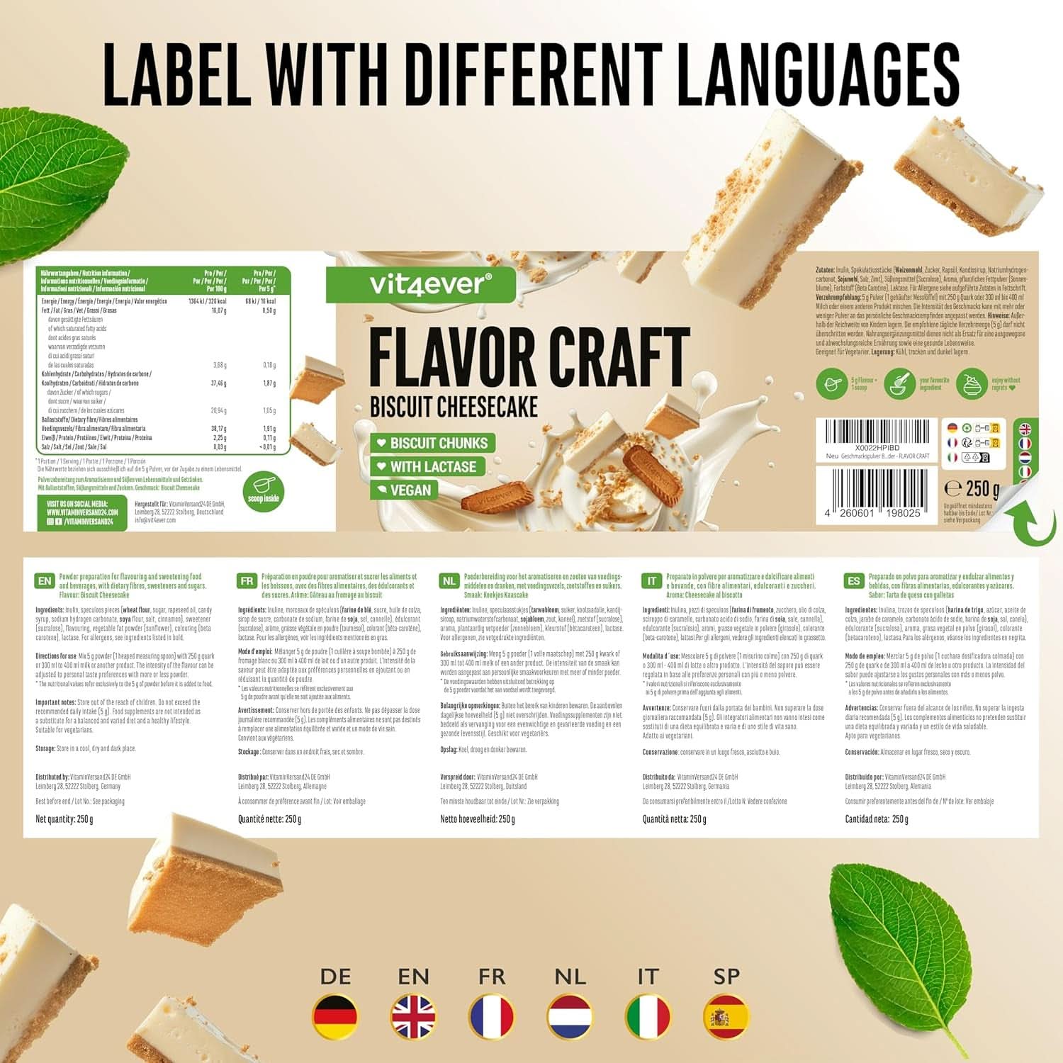 Galleta en polvo sabor Chessecake con muchos trozos - 250 gramos Naty Shop Sabores