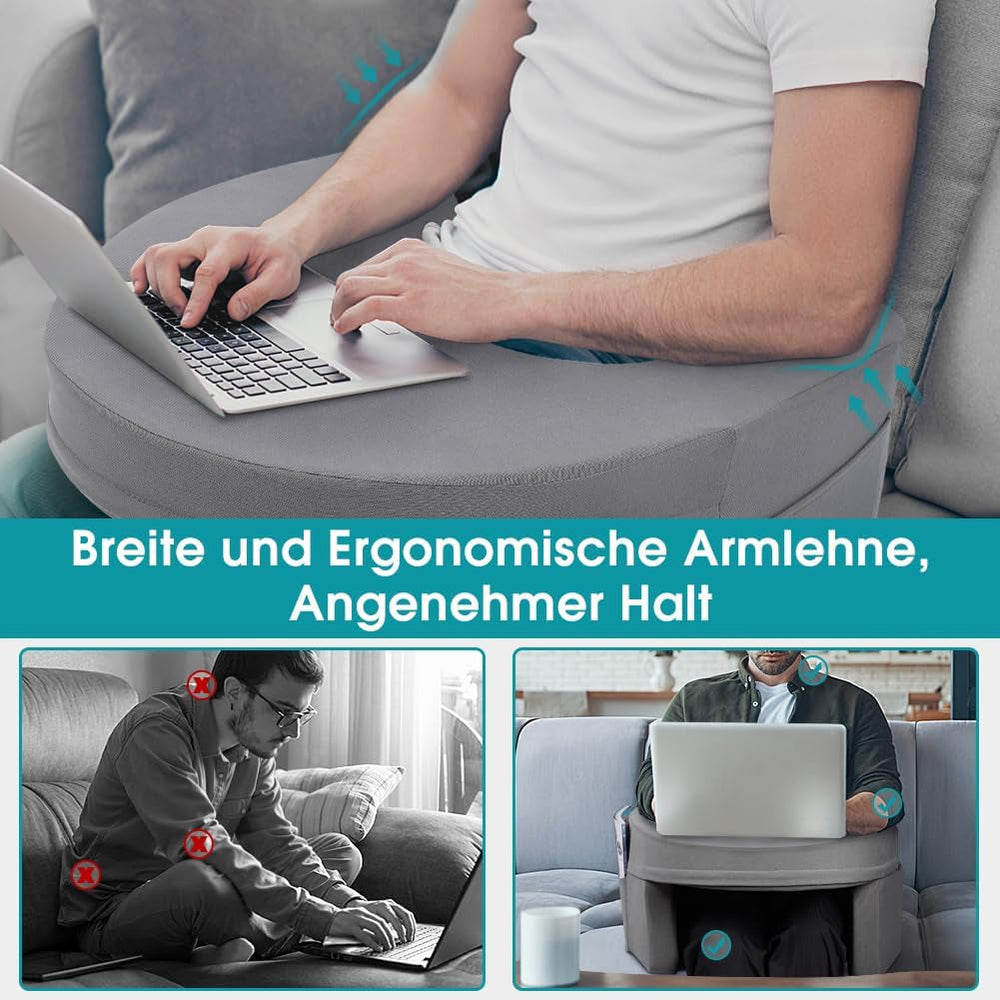 Pernă de citit pentru pat și canapea, pernă de poală pentru gaming, pernă de poală pentru laptopuri, pernă de gaming cu brațe și buzunar lateral, pentru adulți care se joacă, citesc, se uită la televizor, se joacă pe canapea