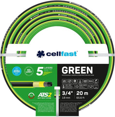 Furtun de grădină Cellfast GREEN ATS2, durabil, flexibil, cu 5 straturi, împletitură încrucișată ATS2, rezistent la UV și alge, fără metale grele, 30 bar, -20/+60°C pe termen scurt, 3/4", 20m