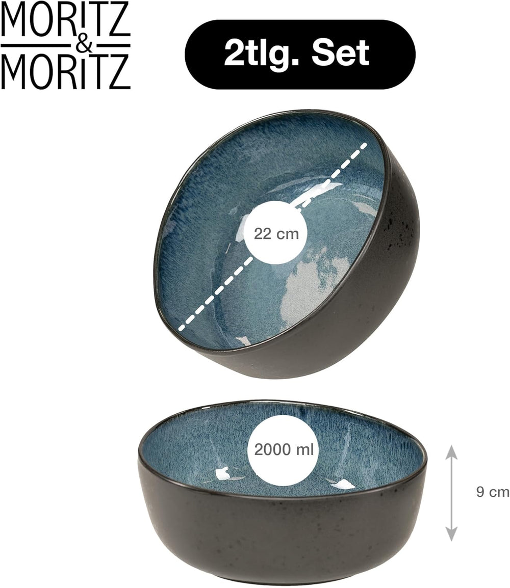 Set de boluri de servire Moritz & Moritz ORGANIC, albastru - 2 boluri mari din gresie de înaltă calitate, moderne și atemporale, potrivite pentru cuptorul cu microunde și mașina de spălat vase - perfecte pentru salate, paste, gustări și multe altele