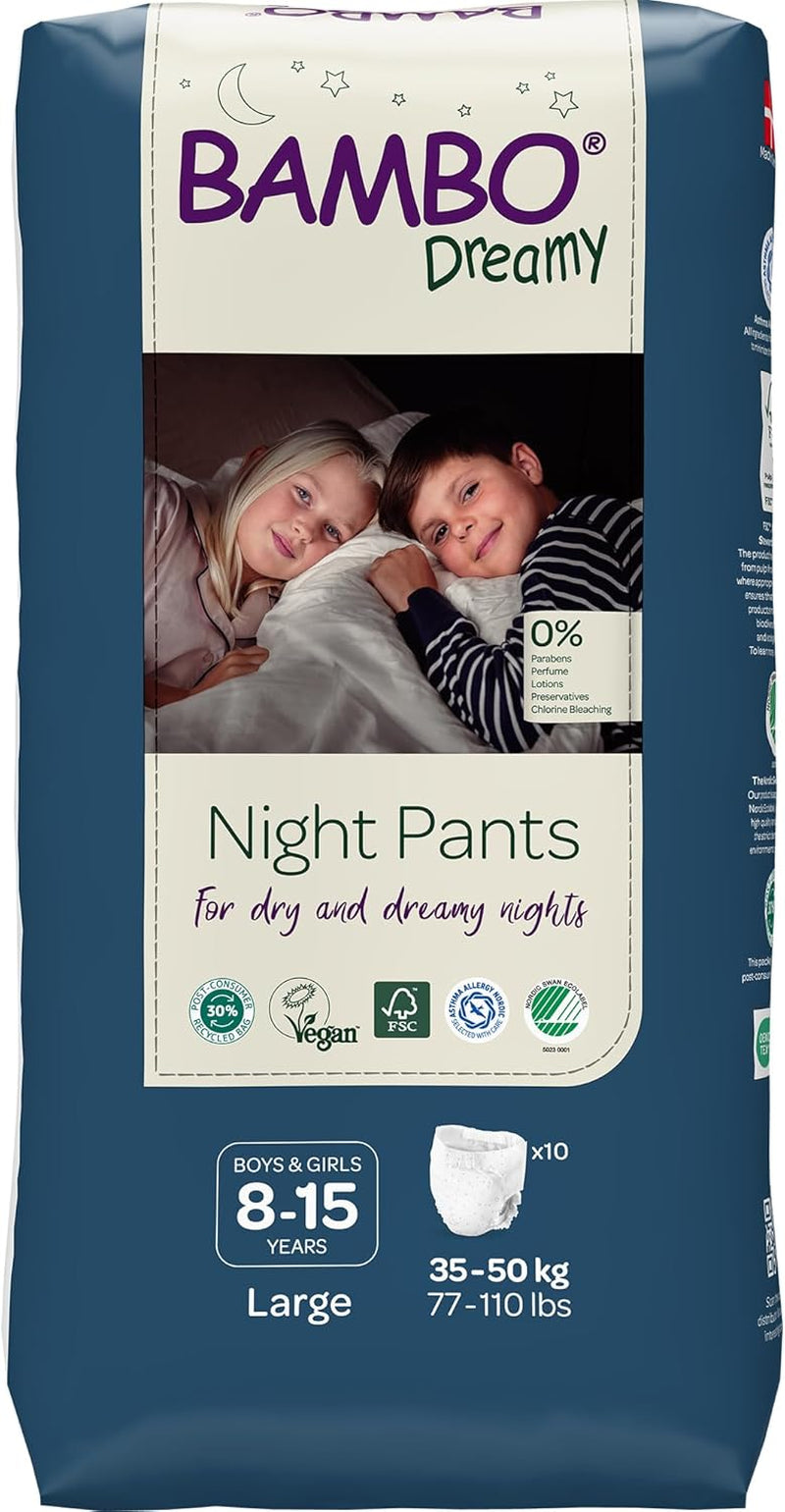 Pañales extraíbles nocturnos Bambo Dreamy, grandes (35-50 kg/77-110 lb), paquete de 10 | Pañales pull-up para niños | Ropa de dormir ultraabsorbente para mojar la cama