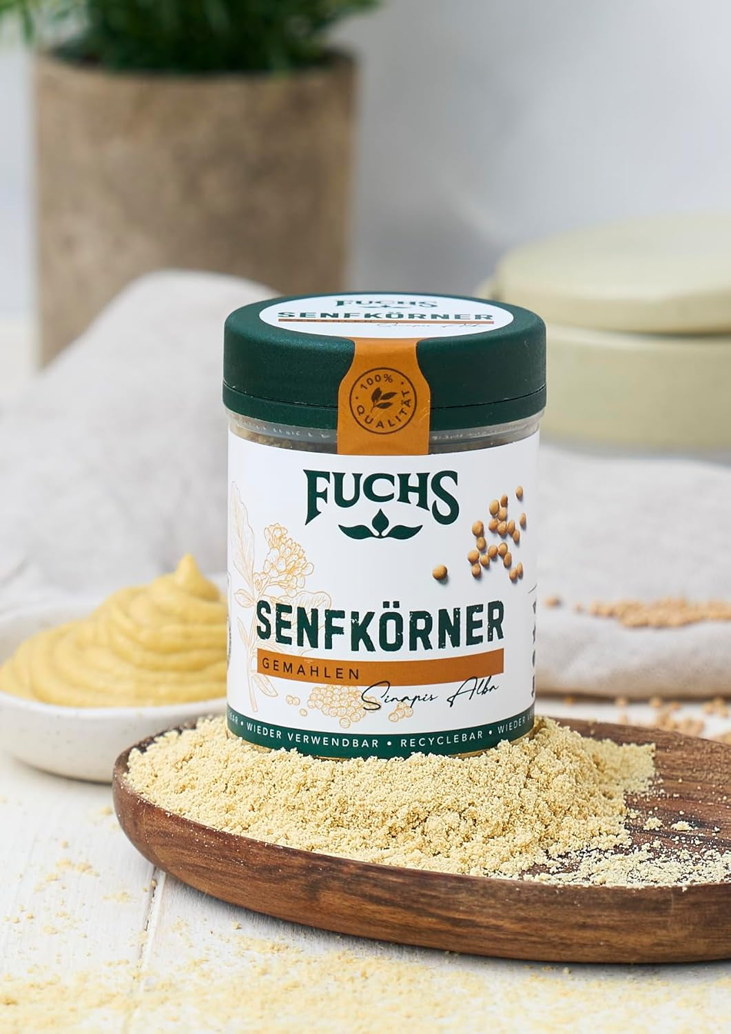 Fuchs Gewürze - Senfkörner gemahlen - für die Zubereitung von Rubs, zum Verfeinern von Suppen und Saucen - ingredientes naturales - 45 g en wiederverwendbarer, recyclebarer Dosis