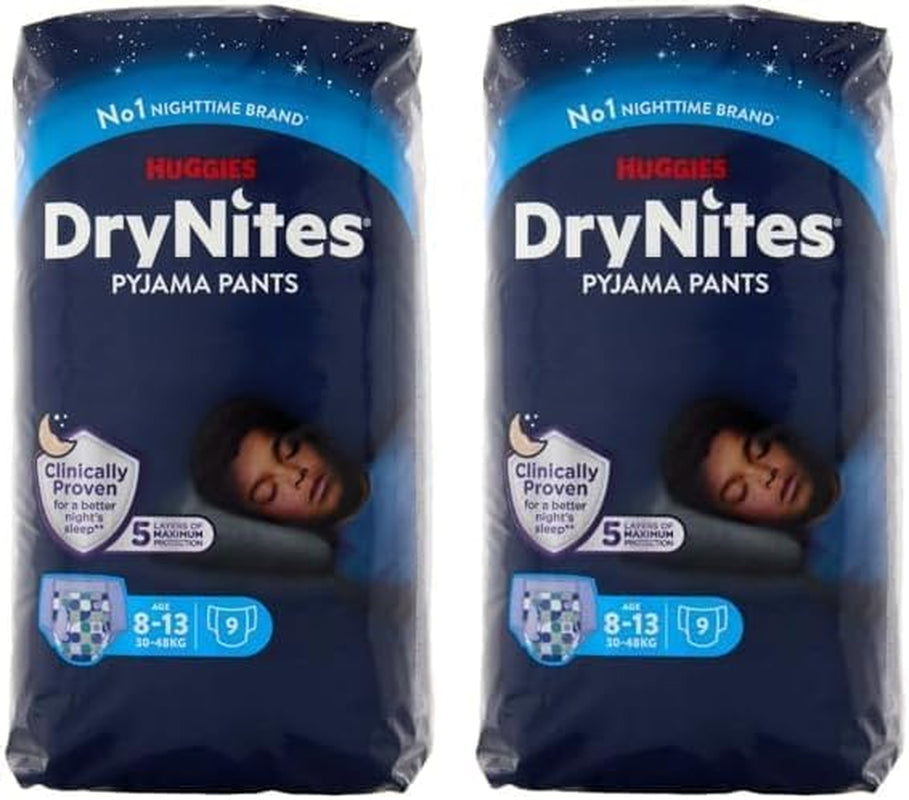 Huggies DryNites Pañales súper absorbentes para mojar de noche para niños de 8 a 13 años (30 a 48 kg), 27 unidades (3 x 9 unidades) Pañales tipo panty