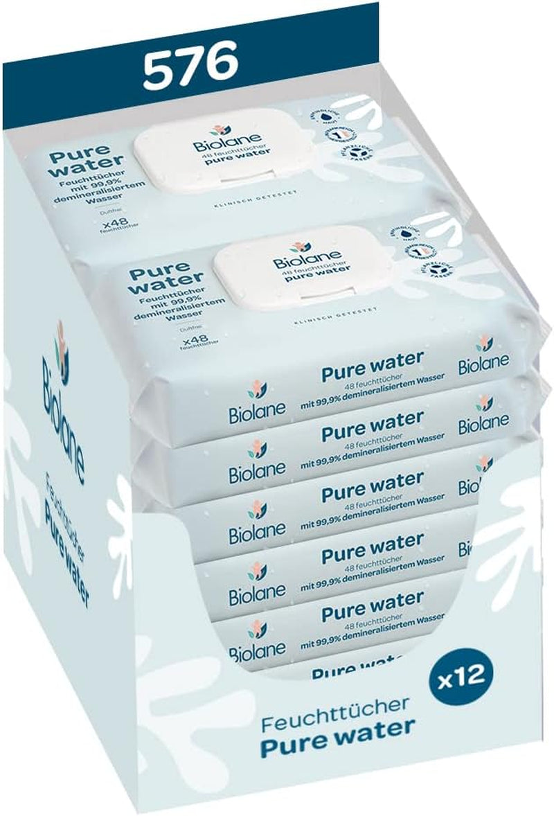 BIOLANE - Toallitas húmedas para bebés con 99,9% de agua - Agua pura - Paquete de 12 x 48 (576 toallitas) - Para pieles sensibles - Desde el nacimiento - Sin perfume - Cuidado para cambiar y limpiar al bebé
