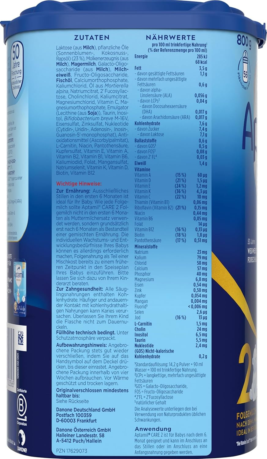 Aptamil Care 2 – También apto para bebés nacidos por cesárea – 1 x 800 g