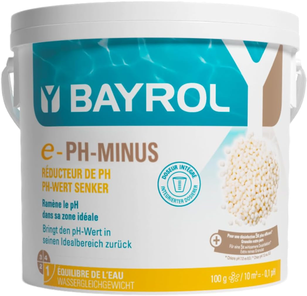 BAYROL e-pH-Minus granulado 6 kg - reduce rápida y eficazmente los niveles excesivamente altos de pH en piscinas - fácil dosificación directamente en el agua - incluye vaso dosificador - reductor de pH - ajuste de pH para piscinas