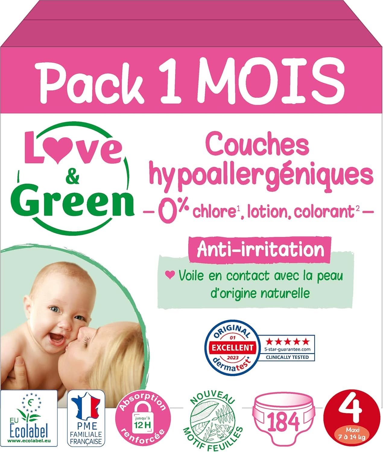 Love&Green, pañales sin cloro, paquete para 1 mes, talla 4 Madre e Hijo Naty Shop
