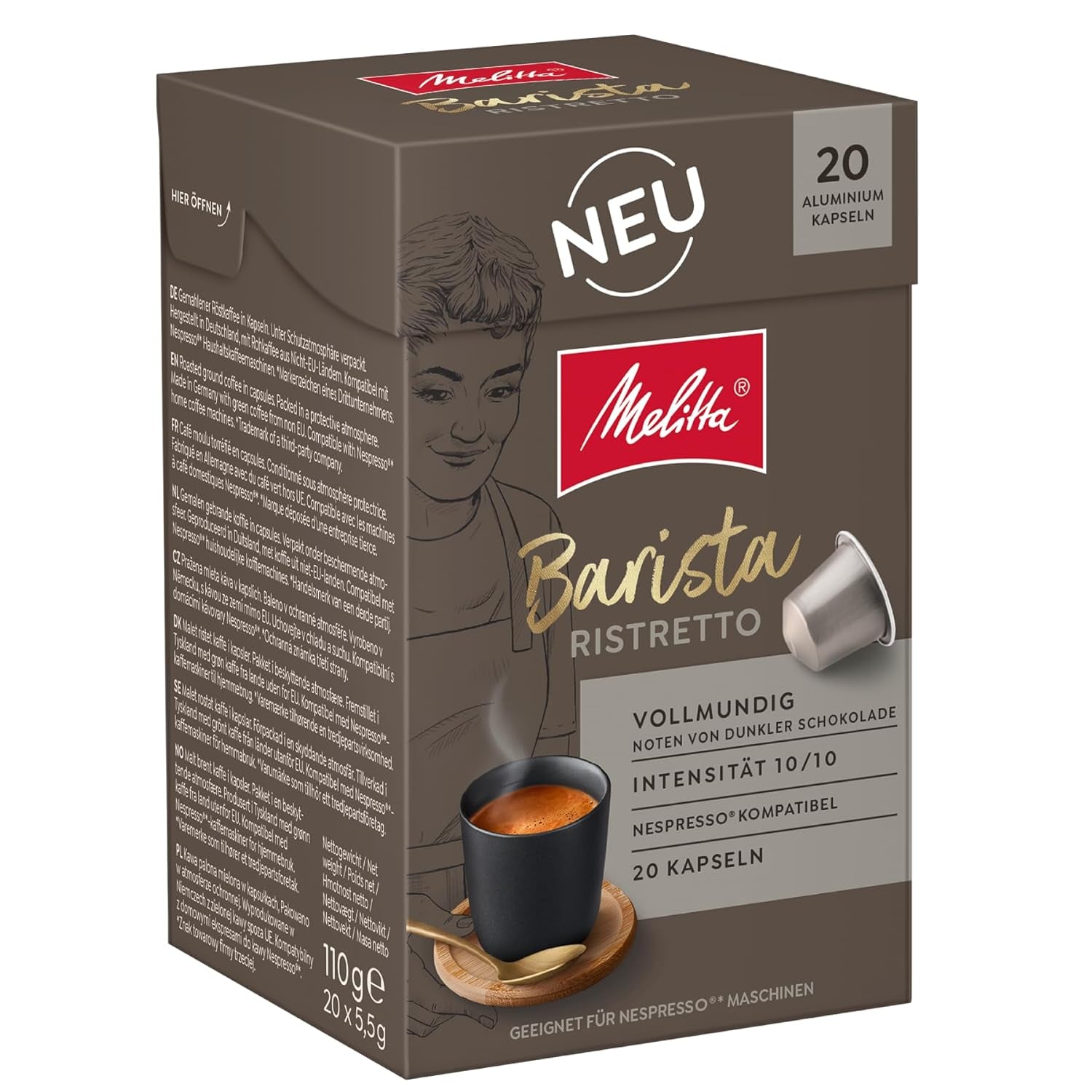 Melitta Barista Ristretto Kaffee-Kapseln 20 Stück je 5,5g, gemahlen, in Portionskapseln für Nespresso*-Maschinen, Vollmundig, Noten von dunkler Schokolade