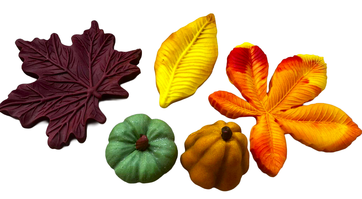 Decoraciones comestibles de otoño para tarta – set de 5 figuritas hechas a mano en pasta de azúcar