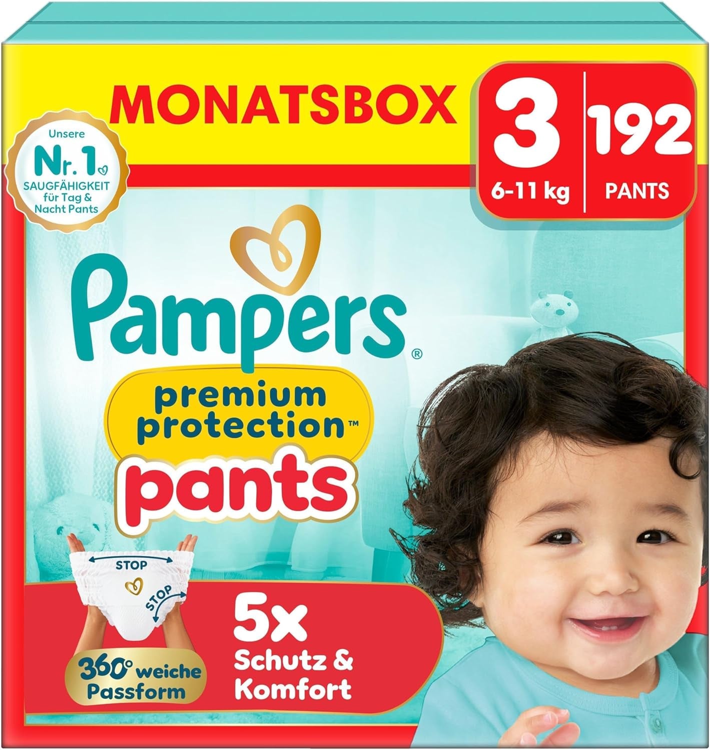 Pampers Premium Protection Pants talla 5, 144 pañales, 11 kg - 17 kg, con ajuste de 360° y puños suaves antifugas para una comodidad y protección óptimas