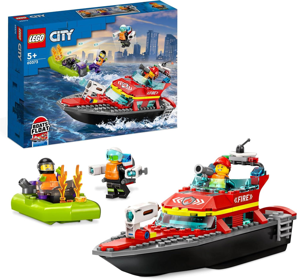 LEGO 60373 City Feuerwehrboot, Spielzeug, das im Wasser wimmt, mit Rennboot, 3 Minifiguren and Jetpack, Feuerwehr-Boot-Spielzeug Geschenkide für Jungen and Mädchen ab 5 Jahren
