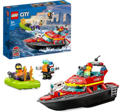 LEGO 60373 City Feuerwehrboot, Spielzeug, das im Wasser wimmt, mit Rennboot, 3 Minifiguren and Jetpack, Feuerwehr-Boot-Spielzeug Geschenkide für Jungen and Mädchen ab 5 Jahren