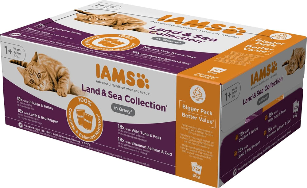 IAMS Delights Land & Sea Collection Hrană umedă pentru pisici - Pachet multiplu cu sortimente de carne și pește în sos, hrană umedă pentru pisici de la 1 an, 72 x 85 g