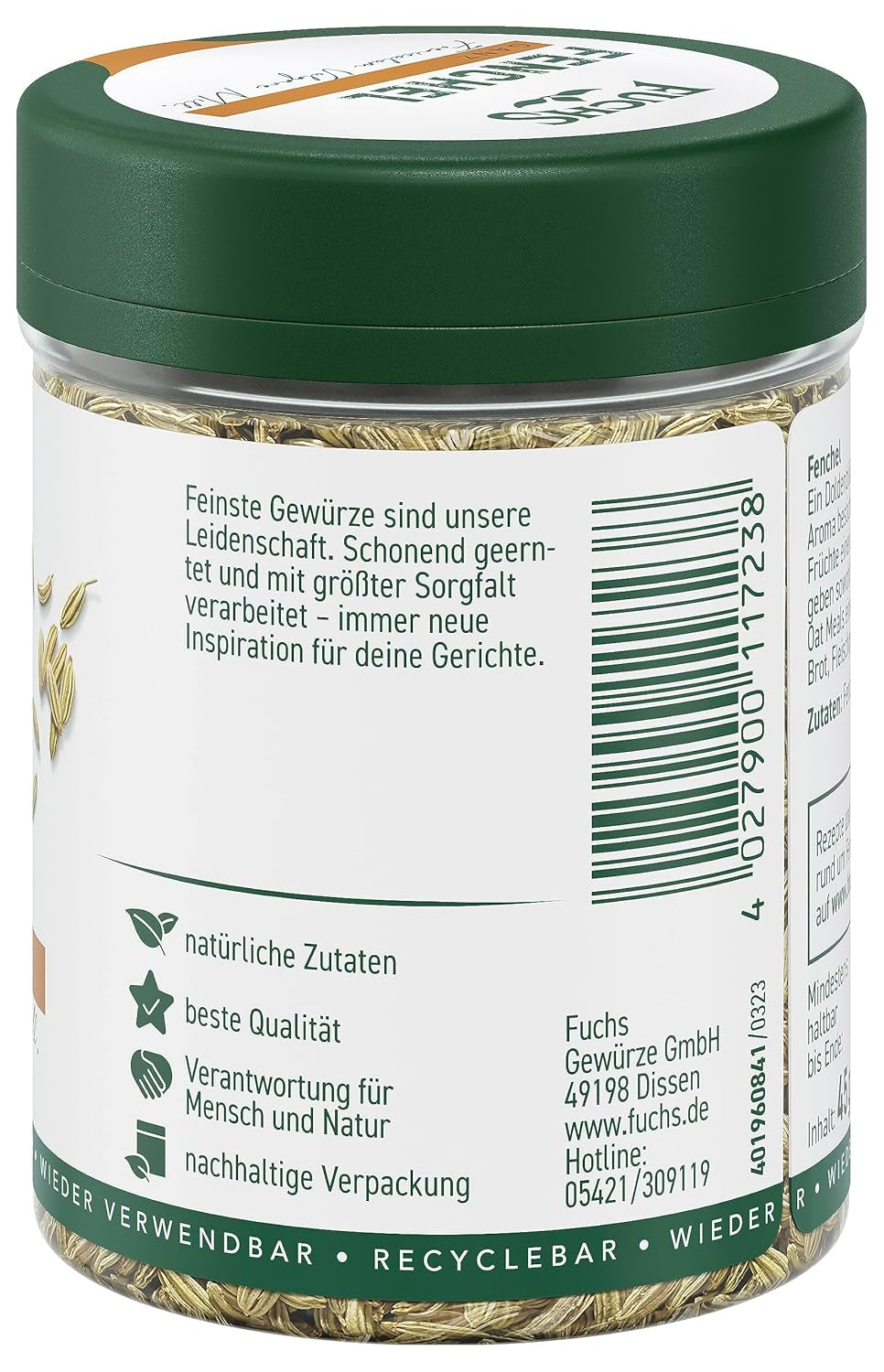 Fuchs Gewürze - Hinojo ganz - dulce-würziges Aroma für Obstsalate, Oat-Meals oder Curry - ingredientes naturales - 45 g en wiederverwendbarer, recyclebarer Dosis
