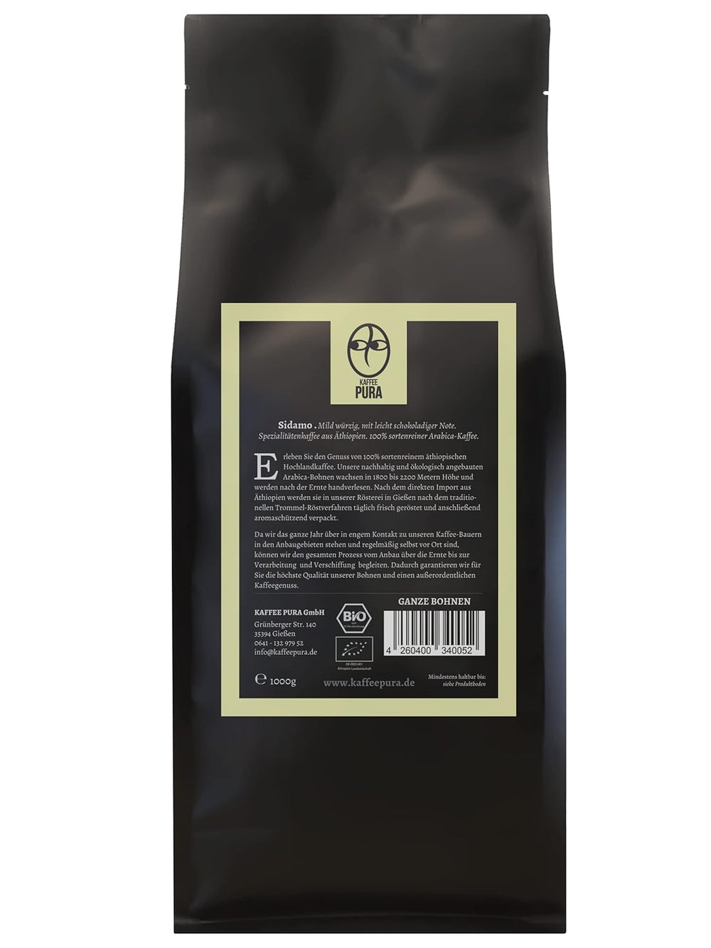 Cafea Sidamo organică din Etiopia, boabe întregi, 1000g