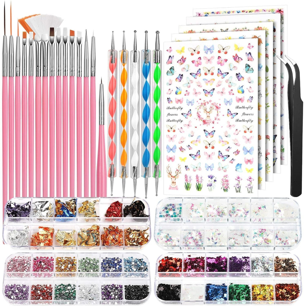 FANDAMEI Pinsel Für Gelnägel, 15 Pcs Nagel Pinsel, 5 Blätter Nagelsticker, Strasssteine Nägel, Nageldesign Set, Nageldesign Zubehör, Nail Art Pinsel Set, Nailart Pinsel Und Dekorationen Set