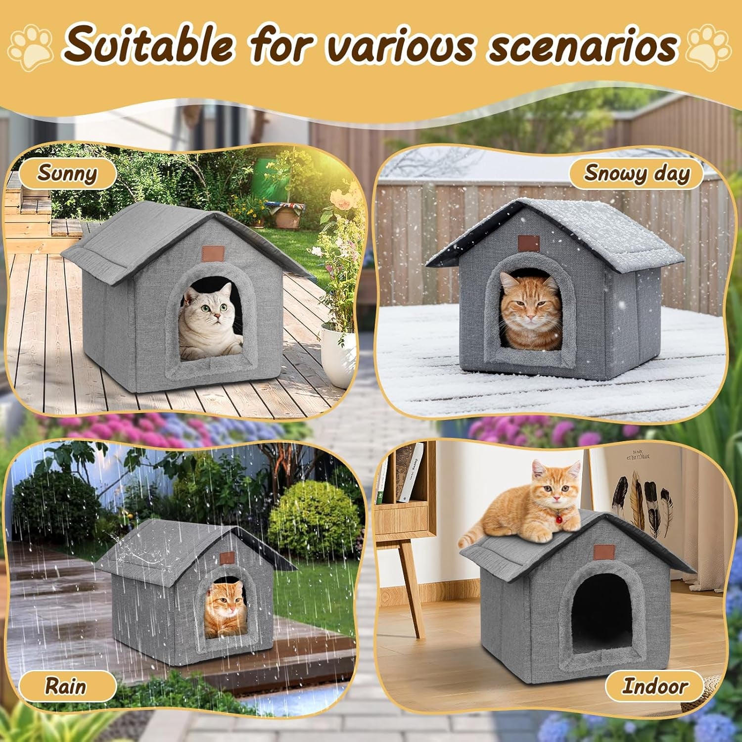 Katzenhaus Outdoor Winterfest, Katzenhöhle, Hundehöhle mit Abnehmbarem Plüschkissen, Wasserdicht Wetterfester, Hundehütte Indoor, Hundehaus für Drinnen/Indoor 35x30x35cm (Grau, S)