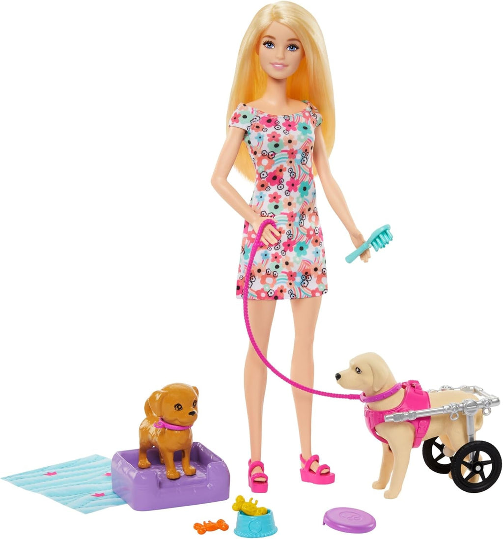 Păpușă Barbie Dog Duo și accesorii, inclusiv câine mic și câine mare cu scaun cu rotile, lesă, bol de mâncare, pat pentru animale de companie și tratează oasele, pentru copii de la 3 ani, HTK37 Papusi Naty Shop