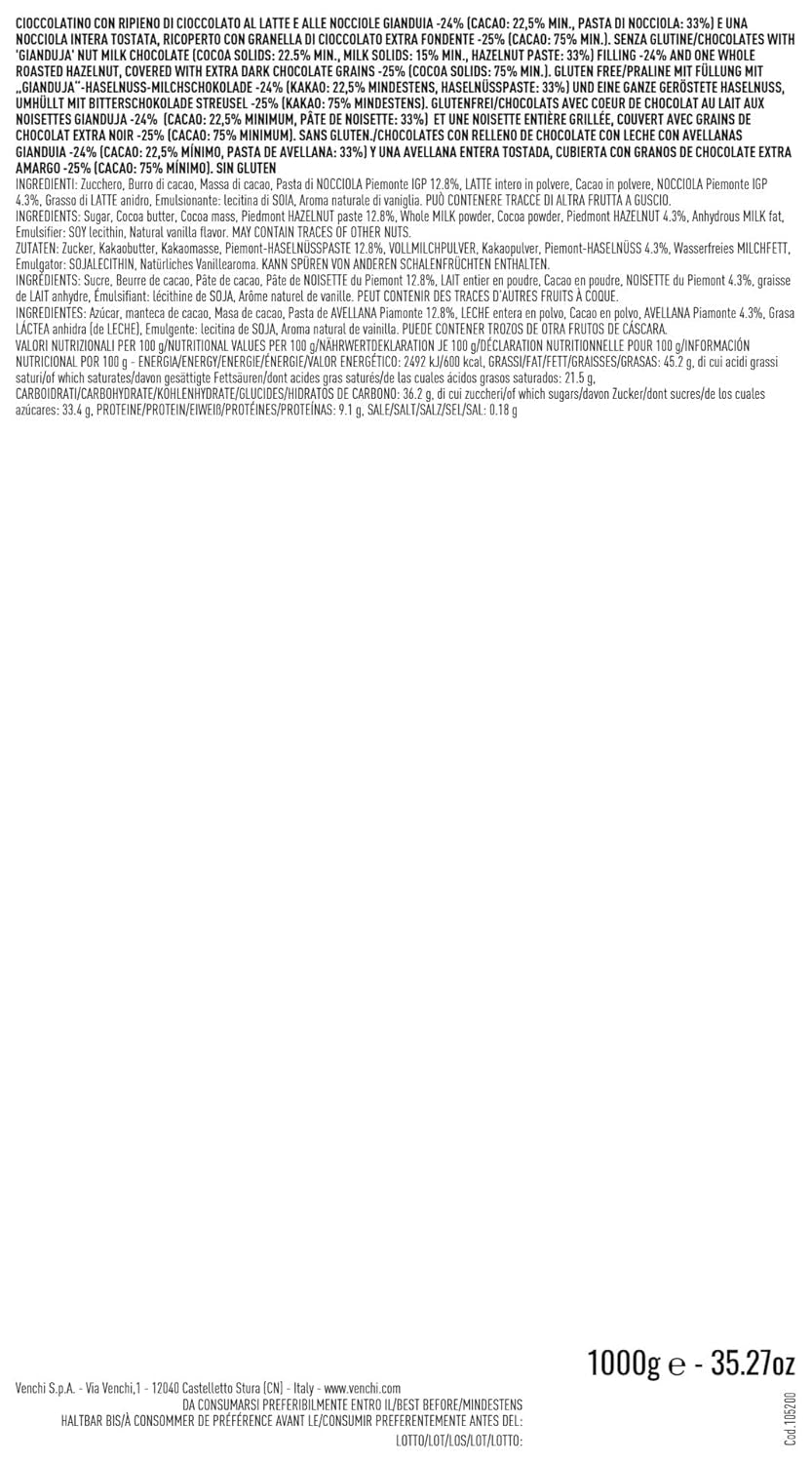 Venchi – Chocoviar Gianduia, bombones en bolsa de 1 kg, chocolate Gianduia elaborado exclusivamente con "avellanas del bosque piamonteso", sin gluten, sin colorantes artificiales y sin conservantes
