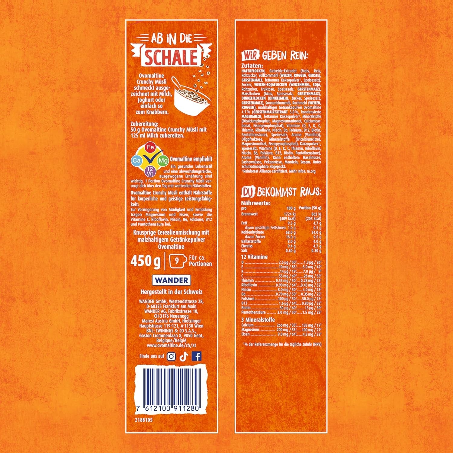 Ovomaltine Crunchy Muesli - muesli crujiente con chocolate, con una mezcla única de cereales y Ovomaltine - muesli con chocolate, valiosas vitaminas, fibras y minerales (1 x 450 g)