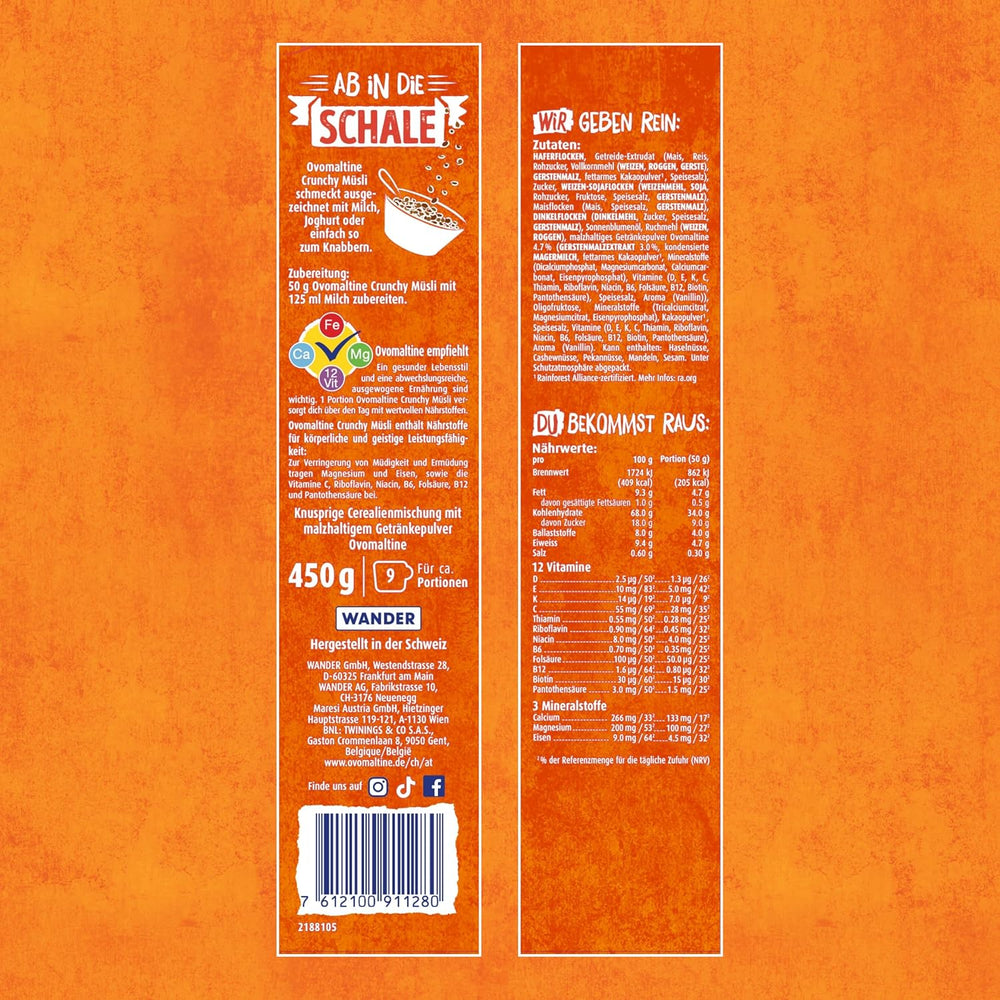 Ovomaltine Crunchy Muesli - muesli crujiente con chocolate, con una mezcla única de cereales y Ovomaltine - muesli con chocolate, valiosas vitaminas, fibras y minerales (1 x 450 g)