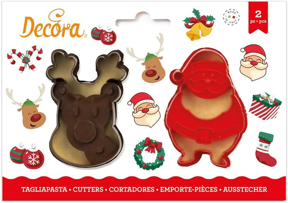 0255095 Formă de biscuiți din plastic Moș Crăciun și ren, set de 2 piese, plastic, roșu