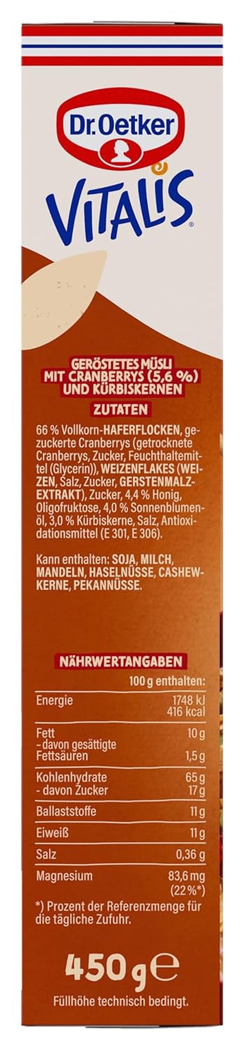 Dr. Oetker Vitalis Muesli tostado con arándanos y semillas de calabaza: Muesli tostado con arándanos secos, paquete de 8 (8 x 501 g)