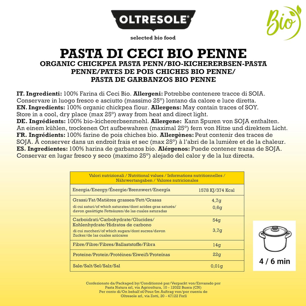 Pasta Penne de Garbanzos Orgánica Italiana Pasta Proteica de Harina de Garbanzos 100% Orgánica Alta en Fibra Vegana Sin Gluten 3 Paquetes x 350g