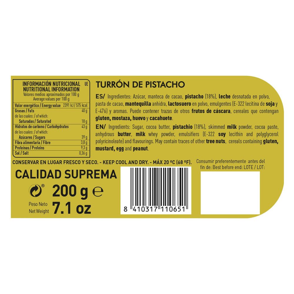 Turrón artesanal de chocolate y pistacho, 200g, textura cremosa, calidad superior, ingredientes finos, sabor auténtico, el turrón más caro del mundo