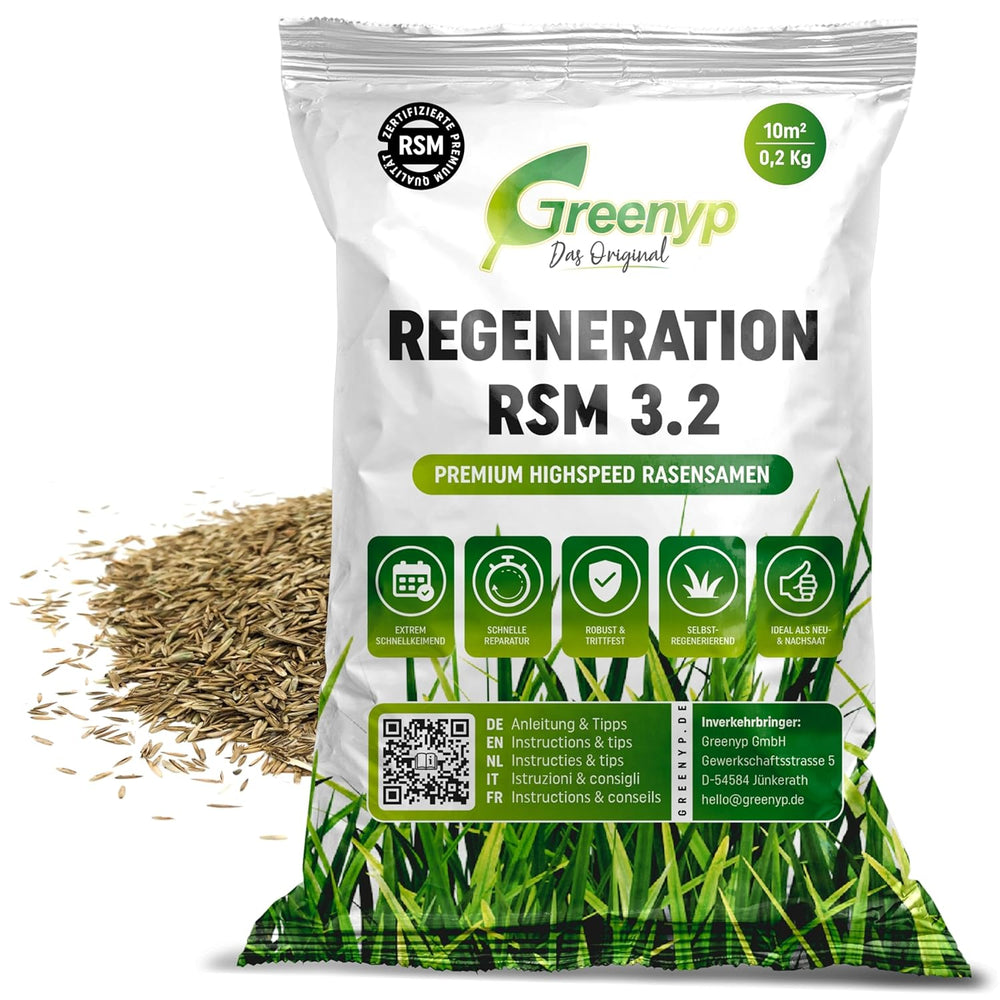 Greenyp Turbo Nachsaat RSM 3.2 I Rasensamen Schnellkeimend Frühjahr I 0,2Kg Für 10M² I Ideal Gegen Lücken Als Neu- & Nachsaat I 100% RSM Rasensamen I Grassamen Rasensaat Gras Reparaturrasen