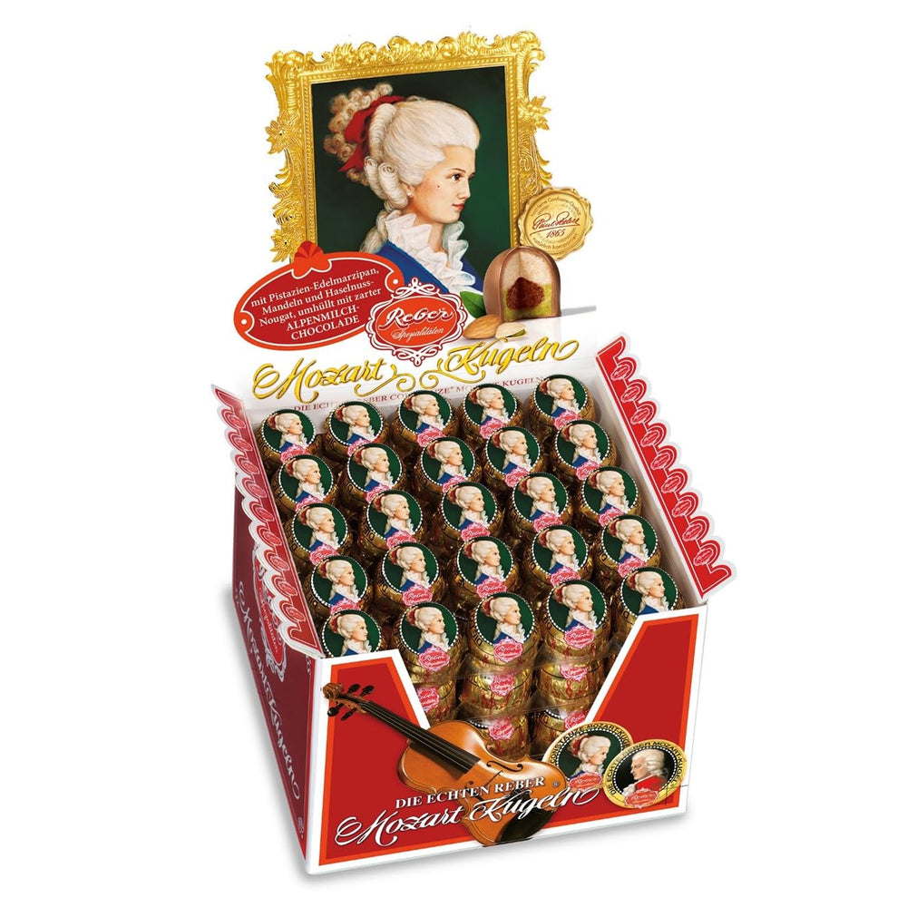 Reber Bolitas Mozart, caja de presentación 4x45, bolitas de chocolate negro rellenas de turrón de pistacho, mazapán, almendras y avellanas, 3,6 kg (180 piezas)