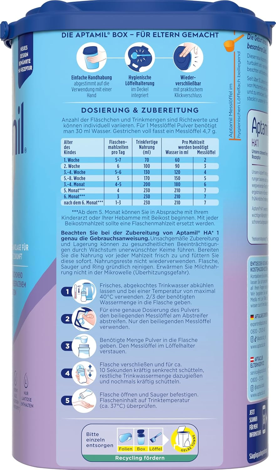 Aptamil HA 1 - Fórmula infantil desde el nacimiento, con DHA, sin lactosa, sin aceite de palma, papilla, leche en polvo, 1 x 800 g