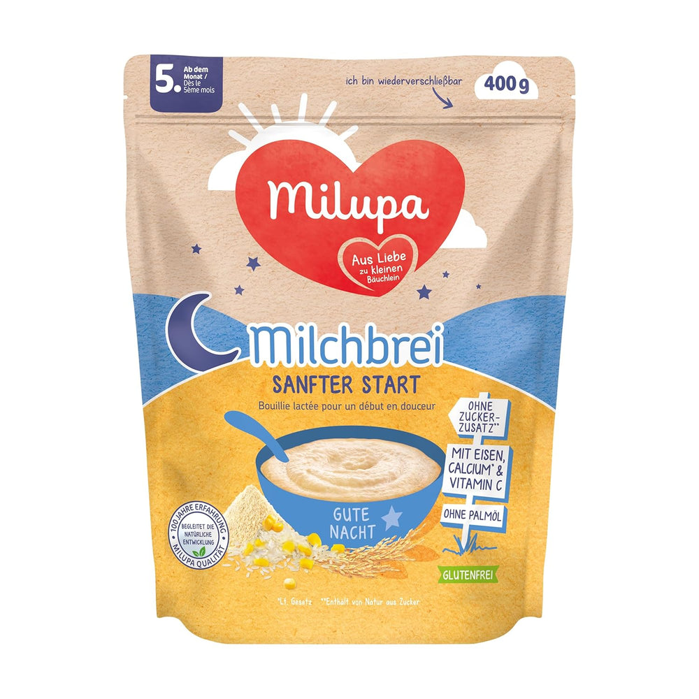Papilla de leche Milupa Gentle Start - Cereales para bebés sin gluten, sin aceite de palma - Sin conservantes ni colorantes - A partir de 5 meses - 4 x 400 g