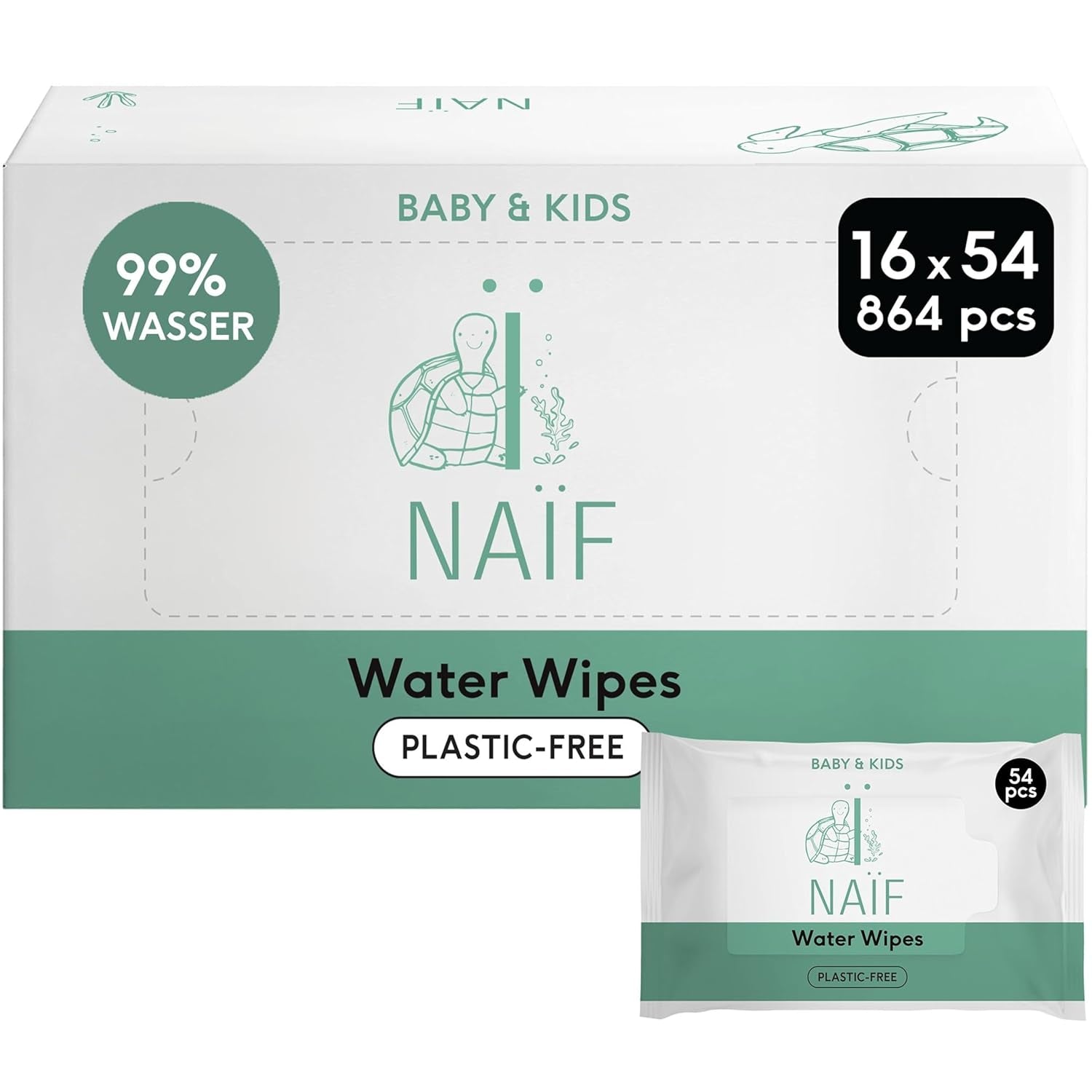 Naïf - Toallitas húmedas sin plástico - 864 piezas (16 paquetes de 54 toallitas) - Cuidado del culito, cuerpo y cara del bebé - 99% agua - 0% perfume y alcohol