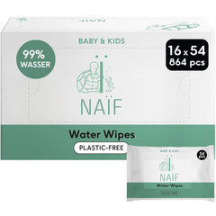 Naïf - Toallitas húmedas sin plástico - 864 piezas (16 paquetes de 54 toallitas) - Cuidado del culito, cuerpo y cara del bebé - 99% agua - 0% perfume y alcohol